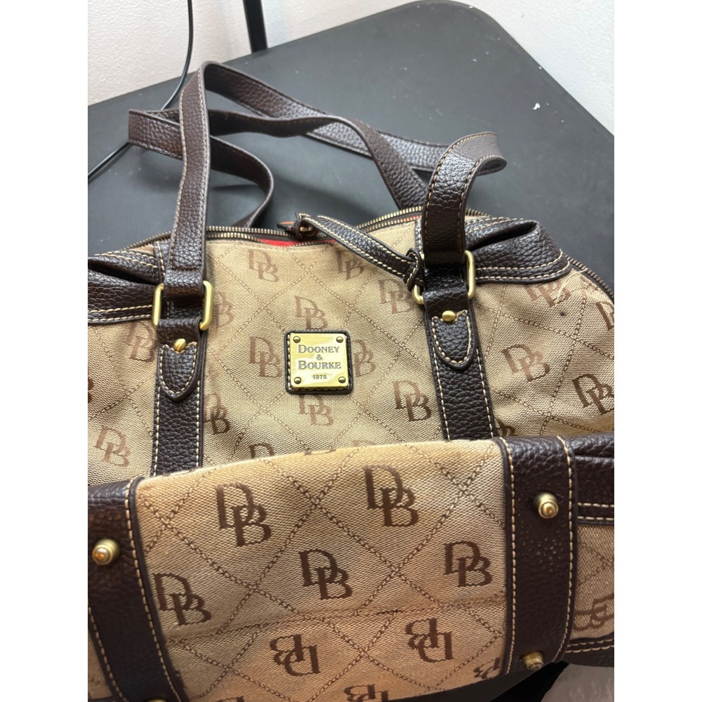 Dooney & Bourke Signature Monogram Satchel Handbag Brown Tan with Pouch